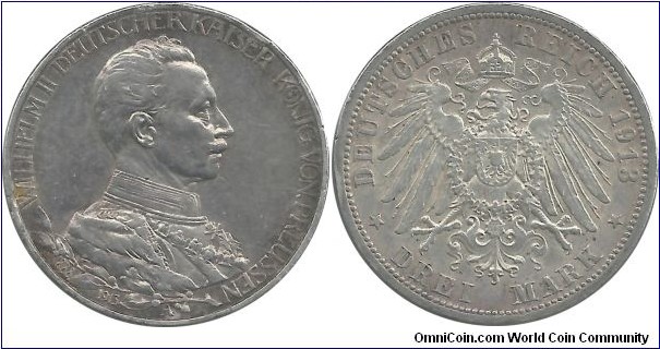 Deutsches Reich-Prussia 3 Mark 1913A - 25th Year of Reign