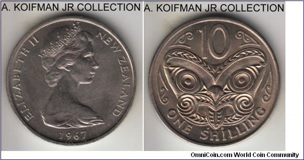 KM-35, 1967 New Zealand 10 cents - one shilling; copper-nickel, reeded edge; Elizabeth II, first and most numerous year of the 3-year transitional type, better than average uncirculated, struck with the freashly cleaned deis, may be for the mint set.