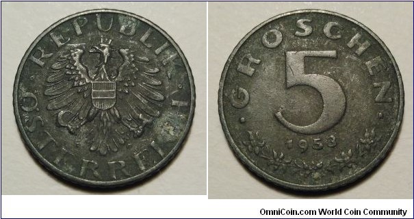 Austria 5 groschen.
1953, Zinc