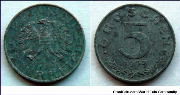 Austria 5 groschen.
1957, Zinc (II)