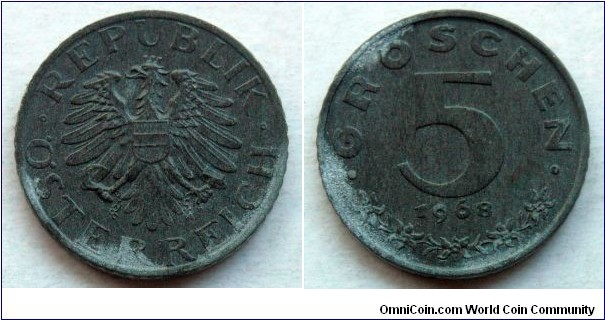 Austria 5 groschen.
1968, Zinc