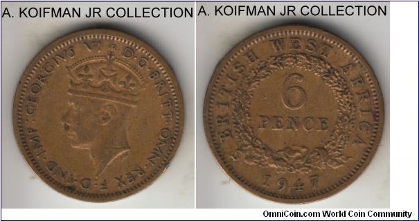 KM-22, 1947 British West Africa 6 pence, Royal mint (no mint mark); nickel-brass, security reeded and grooved edge; George VI issue, average circulated. 