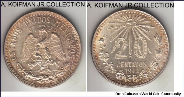 KM-438, 1942 Mexico 20 centavos, Mexico City mint (M mint mark); silver, reeded edge; common year, golden toned uncirculated.