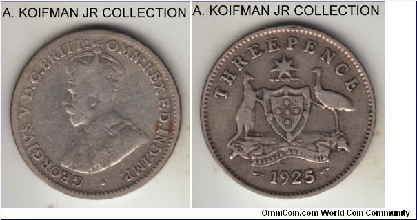 KM-24, 1925 Australia 3 pence; silver, plain edge; George V, well circulated, about fine.