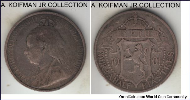 KM-5, 1901 Cyprus 4 1/2 piastres; silver, reeded edge; Victoria, one year type, dark toned fine.