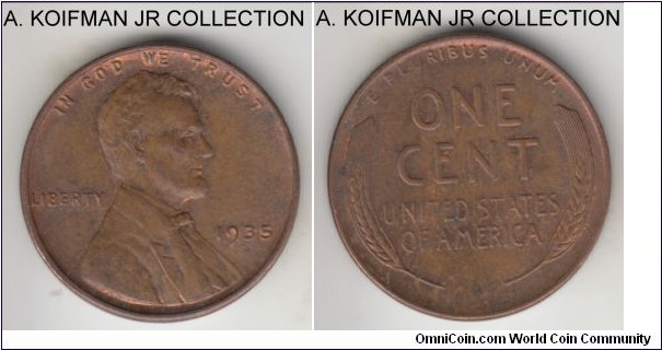 KM-132, 1935 United States of America cent, Philadelphia mint (no mint mark); bronze, plain edge; wheat cent, brown about uncirculated.