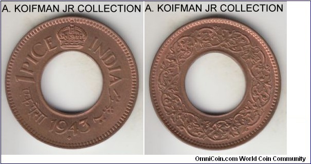 KM-532, 1943 british India pice, Bombay mint (diamond below date); bronze, plain edge, wholed flan; George VI, very small mintage compared to similar types, average mostly brown uncirculated.