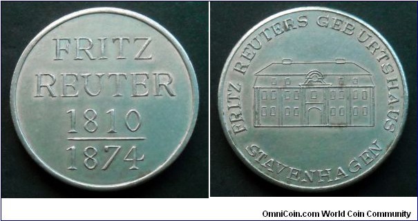 Medal from German Democratic Republic (East Germany) Stavenhagen - birthplace of Fritz Reuter.