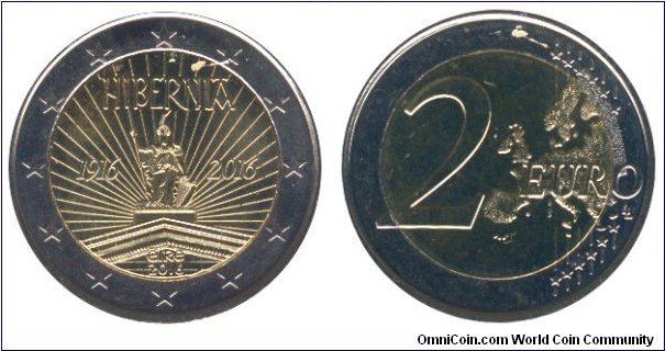 Ireland, 2 euros, 2016, Cu-Ni-Ni-Brass, bi-metallic, 25.75mm, 8.5g, Hibernia, 1916-2016.