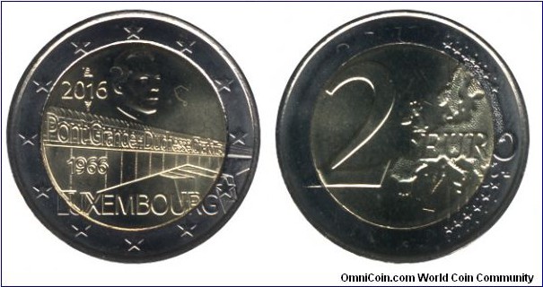 Luxembourg, 2 euros, 2016, Cu-Ni-Ni-Brass, bi-metallic, 25.75mm, 8.5g, 1966-2016, 50 Years of Grand Duchess Charlotte Bridge.