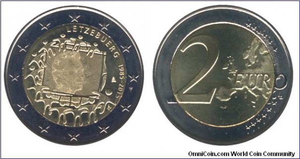 Luxembourg, 2 euros, 2015, Cu-Ni-Ni-Brass, bi-metallic, 25.75mm, 8.5g, 1985-2015, 30th anniversary of the EU flag.