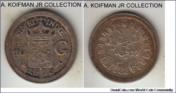 KM-311, 1915 Netherlands East Indies 1/10 gulden; silver, plain edge; Wilhelmina, average circulated, very fine or so, possibly cleaned.
