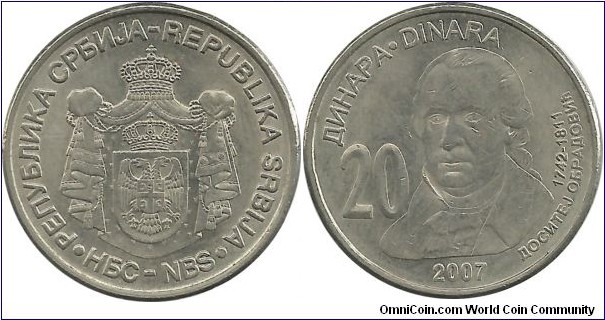 Serbia-Republic 20 Dinara 2007-Dositej Obradovich