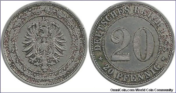 Deutsches Reich 20 Pfennig 1888A (I clean this coin) -Ni-