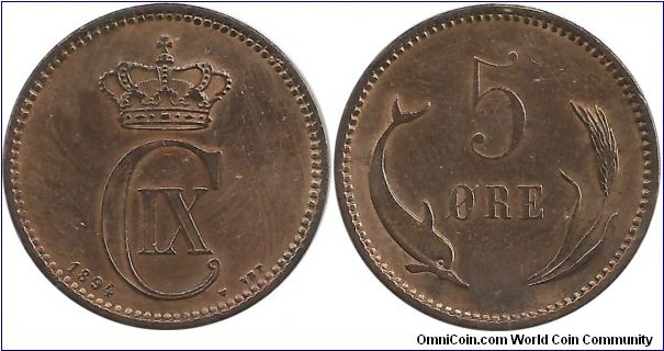Denmark 5 Øre 1894-Christian IX (This coin is cleaned)