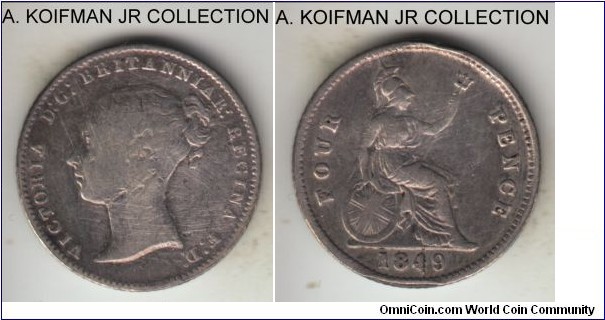 KM-731.1, 1849 Great Britain 4 pence (groat); silver, reeded edge; early Victoria, minted for circulation in British Guiana as well as Great britain, small mintage, very good details, harshly cleaned obverse and slight edge crimp.