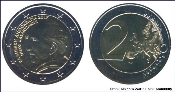Greece, 2 euros, 2017, Cu-Ni-Ni-Brass, bi-metallic, 25.75mm, 8.5g, Nikos Kazantzakis (1883-1957), Greek writer.