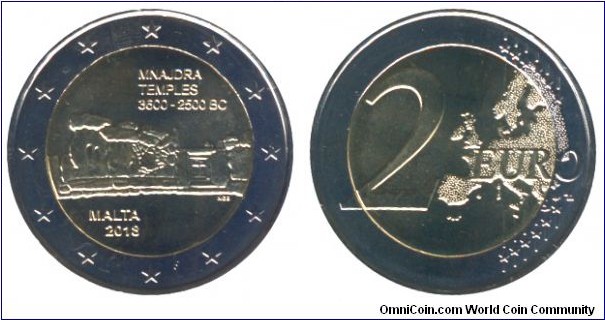 Malta, 2 euros, 2018, Cu-Ni-Ni-Brass, bi-metallic, 25.75mm, 8.5g, Mnajdra Temples, 3600-2500 B.C.