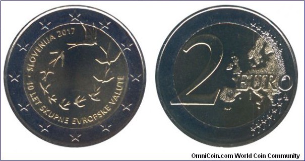 Slovenia, 2 euros, 2017, Cu-Ni-Ni-Brass, bi-metallic, 25.75mm, 8.5g, 10th anniversary of the Euro.
