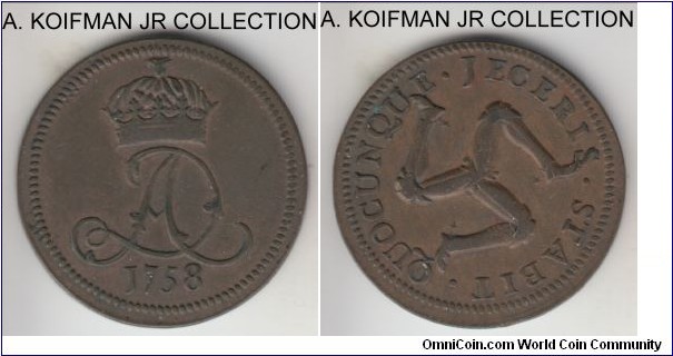 KM-6, 1758 Isle of man half penny; copper, plain edge; James Murrey, 2'nd Duke of Atholl mintage, rare in high grades, 72,000 minted, this speciment is a good extra fine with fully original naturally copper toned surfaces.