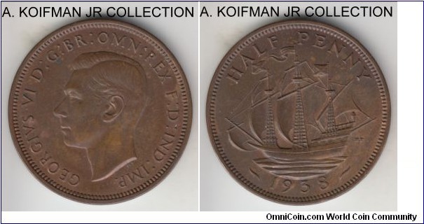 KM-844, 1938 Great Britain half penny ; bronze, plain edge; George V, few small spots on otherwise nice glossy brown uncirculated surfaces.