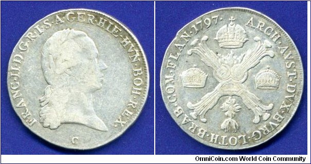 1/2 Kronenthaler (Gulden).
Franс II (1792-1835).
*C*- Prague mint.


Ag873f. 14,72gr.