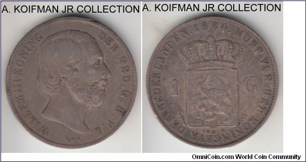 KM-93, 1864 Netherlands gulden; silver, lettered edge; William III, gunmetal original toning on this very fine coin.