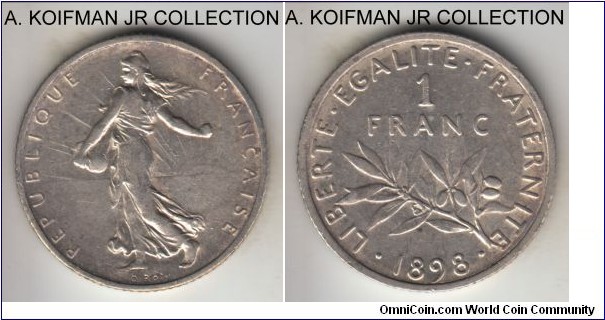 KM-844.1, 1898 France franc; silver, reeded edge; decent lightly circulated grade, extra fine or about.