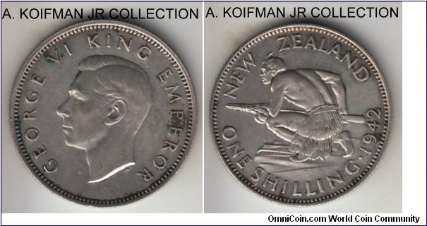 KM-9, 1942 New Zealand shilling; silver, reeded edge; George VI, key year of the type, good extra fine or better details, but dirty and some carbon spotting, this is a regular back variety.