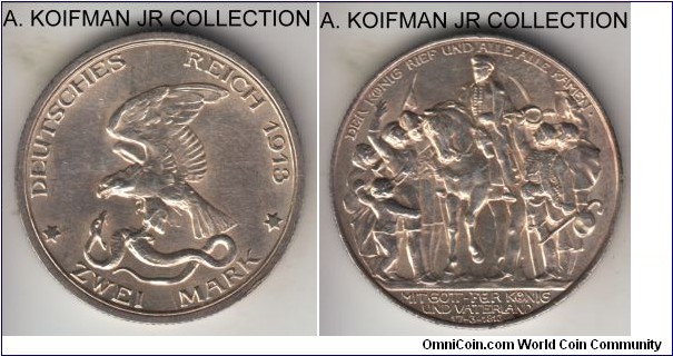 KM-532, 1913 German States Prussia 2 mark, Berlin mint (A mint mark); silver, reeded edge; Wilhelm II, 100'th anniversary of victory over France at Leipzig commemorative, lightly toned average uncirculated.