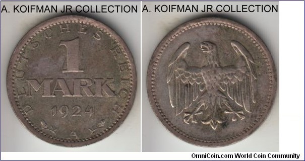 KM-42, 1924 germany (Weimar Republic) mark, Berlin mibt (A mint mark); silver, ornamented edge; 2 year type, not quite rare but not common either, very fine or so.