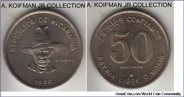 KM-42, 1980 Nicaragua 50 centavos, Mexico mint (Mo mint mark); copper-nickel, reeded edge; Sandino circulation commemorative, one year type, average uncirculated.