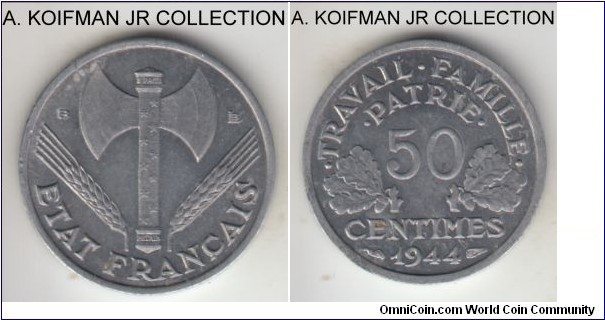 KM-914.2, 1944 France 50 centimes, Beaumont mint (B mint mark); aluminum, plain edge; Vichy French State issue, average uncirculated.