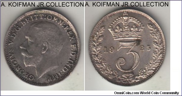 KM-813a, 1925 Great Britain 3 pence; silver, plain edge; George V, smaller mintage year, uncirculated, obverse toned around the legends, reverse carbon spot.