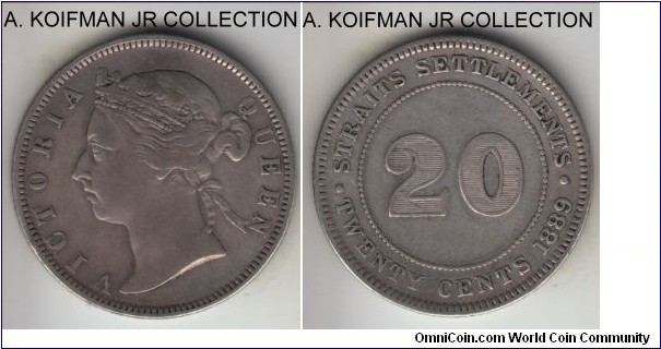 KM-12, 1889 Straits Settlements 20 cents, Royal Mint (no mint mark); silver, reeded edge; later Victoria years, very fine details, looks that it was wiped in the past and returning.