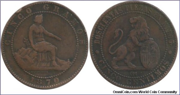 Spain 5 Centimos 1870-OM(2. coin)
