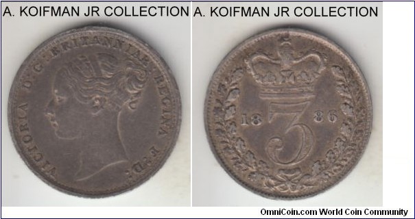 KM-730, 1886 Great Britain 3 pence; silver, plain edge; first Victoria type, nicer toned coin in about extra fine condition.