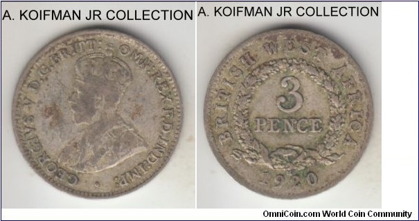 KM-10a, 1920 British West Africa 3 pence, Heaton mint (H mint mark); silver, plain edge; George V, scarce one year type, well circulated and a bit of a bend