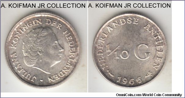 KM-3, 1966 Netherlands Antilles 1/10 gulden; silver, reeded edge; fish and star variety actually struck in 1969, toned choice uncirculated or better, nice despite toning.