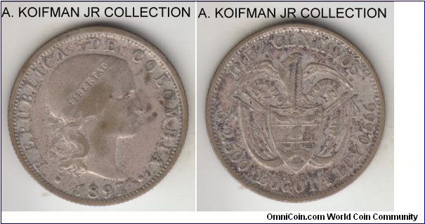 KM-188, 1897 Colombia 10 (diez) centavos; silver, reeded edge; one year type minted in Brussles, unattractively toned but good detail, good very fine or better.