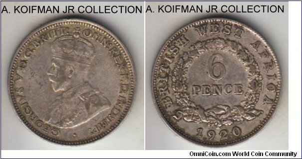 KM-11a, 1920 British West Africa 6 pence, Heaton mint (H mint mark); silver, reeded edge; George V, scarce one year type, almost very fine.