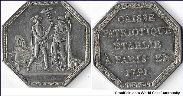 Scarce silver jeton struck for the `Caisse Patriotique' an enterprise heavily involved with the distribution of assignats in pre-revolutionary / post revolutionary France