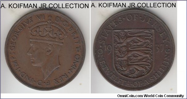 KM-18, 1937 Jersey 1/12 shilling; bronze, plain edge; George VI first, coronation coinage, brown almost uncirculated.