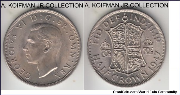 KM-866, 1947 Great Britain 1/2 crown; copper-nickel, reeded edge; George VI post war, 2 year type and scarce in high grades, average uncirculated condition.