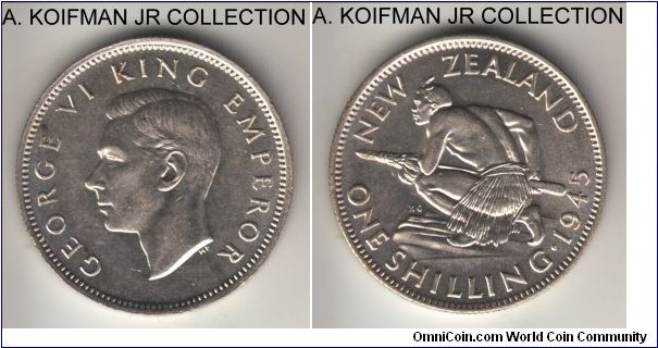 KM-9, 1945 New Zealand shilling; silver, reeded edge; George VI, bright lustrous uncirculated or almost.