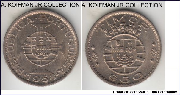 KM-12, 1958 Portuguese Timor (Colony) 60 centavos; copper-nickel-zinc, reeded edge; post war Portuguese colonial issue, one year type, average uncirculated, toned in place.