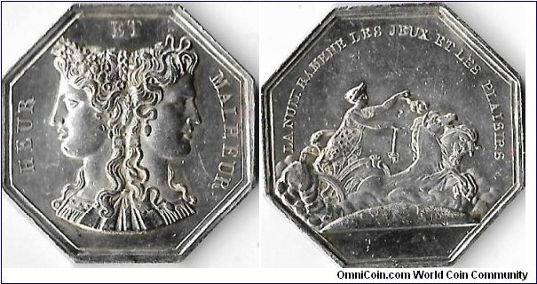 Silver gaming jeton. Heur et Maleur obv ; Aurora in her chariot rev.