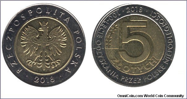 Poland, 5 zloty, 2018, bi-metallic, 100th Anniversary of Independence again.