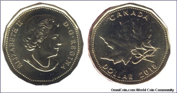 Canada, 1 dollar, 2018, eleven sided, Queen Elizabeth II, Maple leaf, part of set.