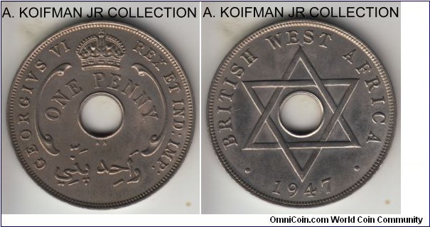 KM-19, 1947 British West Africa penny, King Norton's mint (KN mint mark); copper-nickel, plain edge; post war George VI, bright average uncirculated or almost.